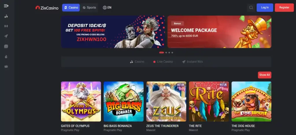 zixcasino main screen